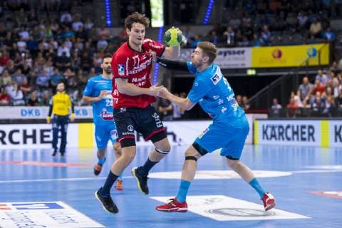 Stuttgart, Deutschland 23. Mai 2019: HBL - 18 19 - TVB 1898 Stuttgart vs. SG Flensburg-Handewitt v. li. im Zweikampf Magnus Abelvik Rod Roed (Flensburg) und Tobias Schimmelbauer (Stuttgart) Stuttgart Porsche Arena Baden-Württemberg Deutschland