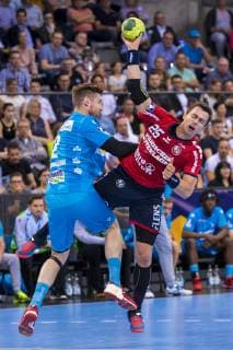Stuttgart, Deutschland 23. Mai 2019: HBL - 18 19 - TVB 1898 Stuttgart vs. SG Flensburg-Handewitt v.li. Tobias Schimmelbauer (Stuttgart), Rasmus Lauge Schmidt (Flensburg) Stuttgart Porsche Arena Baden-Württemberg Deutschland