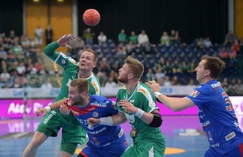 Aivis Jurdzs (DHfK 7), Petter ?verby Oeverby (Erlangen 9), Maciej Gebala (DHfK 28), Nikolai Link (Erlangen 33) (l-r) beim Spiel SC DHfK Leipzig vs HC Erlangen, Handball, 1.Liga, 23.05.19 SC DHfK Leipzig vs HC Erlangen, Handball, 1.Liga, 23.05.19 Leipzig Copyright: xEIBNER ChristianxModlax EP_CMA