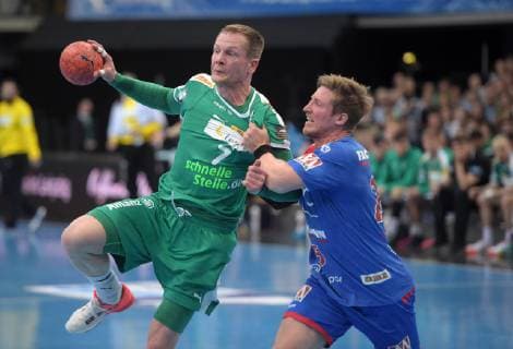 Aivis Jurdzs (DHfK 7) gegen Jan Schffer Schaeffer (Erlangen 25) beim Spiel SC DHfK Leipzig vs HC Erlangen, Handball, 1.Liga, 23.05.19 SC DHfK Leipzig vs HC Erlangen, Handball, 1.Liga, 23.05.19 Leipzig Copyright: xEIBNER ChristianxModlax EP_CMA