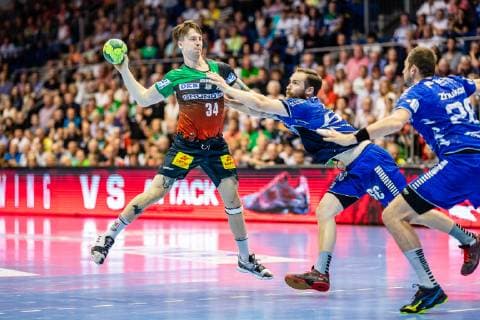 Michael Damgaard 34 (SC Magdeburg), Moritz Preuss 69 (VfL Gummersbach) waehrend der Saison 2018-2019 in der 1. Handball Bundesliga (Herren) zwischen SC Magdeburg und VfL Gummersbach in der GETEC Arena am 23. May 2019 in Magdeburg, Sachsen Anhalt (Saxony Anhalt), Deutschland (Germany)