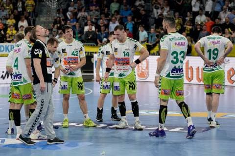 Spieler von Frisch AufGöppingen enttäuscht über die Niederlage, Enttäuschung nach dem Schlusspfiff, Highlight, Verlierer, verloren, Frustration, disappointed, pessimistisch, 23.05.2019, Mannheim, Handball, DKB Bundesliga, Rhein-Neckar Löwen - FRISCH AUF! Göppingen