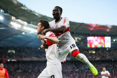 Christian Gentner (VfB Stuttgart) jubelt nach seinem Tor zum 1:0 mit Chadrac Akolo (VfB Stuttgart) DFB regulations prohibit any use of photographs as image sequences and or quasi-video. GER, Fussball, 1. Bundesliga Relegation, VfB Stuttgart - Union Berlin, 20.04.2019 Stuttgart Copyright: xTomxWellerx xEibner-Pressefotox EP_eer