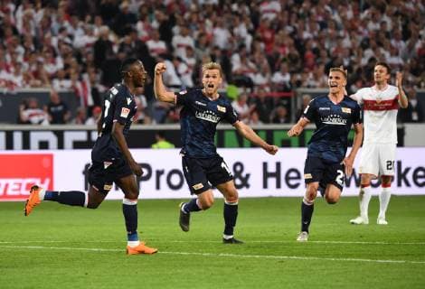 Fussball, Herren, Saison 2018 2019, Relegation (1. 2. Bundesliga Hinspiel), VfB Stuttgart - 1. FC Union Berlin, v. l. Suleiman Abdullahi (1. FC Union), Sebastian Andersson (1. FC Union), Grischa Prömel (1. FC Union Berlin), Christian Gentner (VfB Stuttgart), Jubel nach Tor zum 1:1, 23.05. 2019, Copyright: xMatthiasxKochx