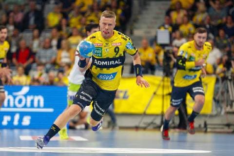 Rhein-Neckar-Loewen - Goeppingen Mannheim, Deutschland 23. Mai 2019 Handball Bundesliga; 31. Spieltag, in der SAP-Arena. Gudjon Valur Sigurdsson (Loewen), Aktion Einzelbild Freisteller mit Ball Mimik starker Gesichtsausdruck Emotion mit Ball