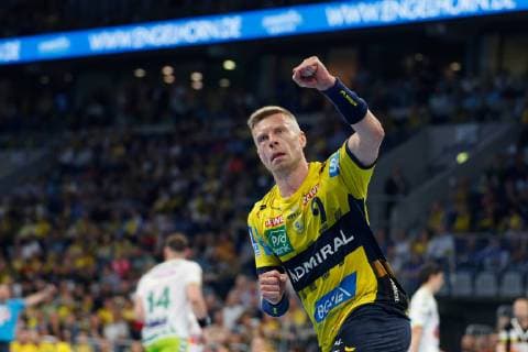 Rhein-Neckar-Loewen - Goeppingen Mannheim, Deutschland 23. Mai 2019 Handball Bundesliga; 31. Spieltag, in der SAP-Arena. Gudjon Valur Sigurdsson (Loewen), Aktion Einzelbild Jubel Freude Emotion Torjubel Torschuetze Torschütze Gestik Geste gestikuliert Mimik starker Gesichtsausdruck Emotion