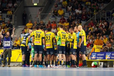 Rhein-Neckar-Loewen - Goeppingen Mannheim, Deutschland 23. Mai 2019 Handball Bundesliga; 31. Spieltag, in der SAP-Arena. Die Mannschaft der Rhein-Neckar-Loewen in der Pause Mannschaft