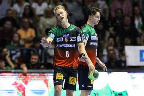 Matthias Musche (li.) und Michael Damgaard (SC Magdeburg) - Handball Bundesliga Saison 2018-2019 Punktspiel SC Magdeburg vs. VfL Gummersbach in der GETEC Arena in Magdeburg - Aktion,Deutschland, Handball, Mann, Maenner,23.05.2019
