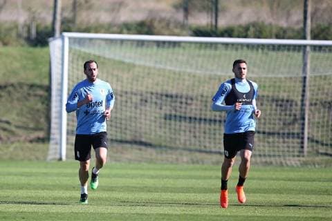 Fußball, Copa America, Nationalteam Uruguay Training Uruguay s national soccer team players Diego Godin (L) and Maximiliano Gomez (R) participate during a training session of the team before the Copa America, in Montevideo, Uruguay, on 24 May 2019. The Copa America will held in Brazil since 14 June to 7 July. Training sessions of the Uruguy s national soccer team !ACHTUNG: NUR REDAKTIONELLE NUTZUNG!  Copyright: xSantiagoxCarbonex AME5808 20190524-636943160434165969