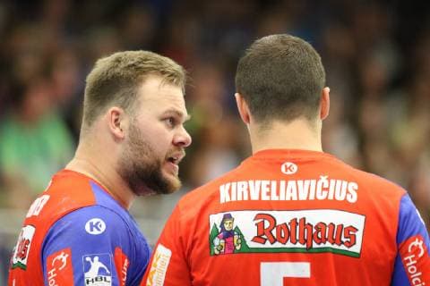 Marcel Niemeyer (HBW Balingen-Weilstetten 3)(links) und Romas Kirveliavicius (HBW Balingen-Weilstetten 5)(rechts) , TV Emsdetten vs HBW Balingen-Weilstetten, Handball, 2. Bundesliga, 24.05.2019, TV Emsdetten vs HBW Balingen-Weilstetten, Handball, 2. Bundesliga, 24.05.2019 Emsdetten Copyright: xEIBNER JanxStrohdiekx EP_JSK