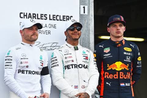 25.05.2019, xekx, Formel 1 FIA, 2019 Monaco Grand Prix - Qualifying emspor, v.l. v.l. 2. Startplatz Valtteri Bottas (Mercedes-AMG Petronas), 1. Startplatz Lewis Hamilton (Mercedes-AMG Petronas), 3. Startplatz Max Verstappen (Aston Martin Red Bull Racing) (DFL DFB REGULATIONS PROHIBIT ANY USE OF PHOTOGRAPHS as IMAGE SEQUENCES and or QUASI-VIDEO) Monte Carlo