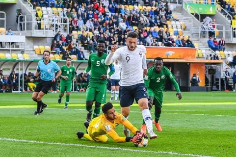 Fußball, U20 WM, Frankreich - Saudi-Arabien (L-R) goalkeeper Abdulrahman Alshammari of Saudi Arabia U20, Hassan Altambakti of Saudi Arabia U20, Amine Gouiri of France U20, Saud Abdulhamid of Saudi Arabia U20 during the FIFA U-20 World Cup Poland 2019 group E match between France U20 and Saudi Arabia U20 at Gdynia Stadium on May 25, 2019 in Gdynia, Poland FIFA U-20 World Cup Poland 2019 2018 2019 xVIxVIxImagesx xGerritxvanxKeulenxIVx 14559028