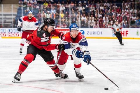 190525 Dante Fabbro of Canada and Ondrej Palat of Czech Republic during the 2019 IIHF Ice hockey, Eishockey World Championship, WM, Weltmeisterschaft semifinal game between Canada and Czech Republic on May 25, 2019 in Bratislava. Photo: Joel Marklund BILDBYRAN kod JM 87960 Copyright: JOELxMARKLUND BB190525JM043