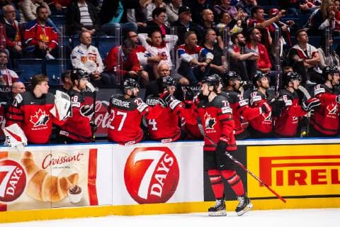 190525 Thomas Chabot of Canada celebrate with teammates after 5-0 during the 2019 IIHF Ice hockey, Eishockey World Championship, WM, Weltmeisterschaft semifinal game between Canada and Czech Republic on May 25, 2019 in Bratislava. Photo: Joel Marklund BILDBYRAN kod JM 87960 Copyright: JOELxMARKLUND BB190525JM070