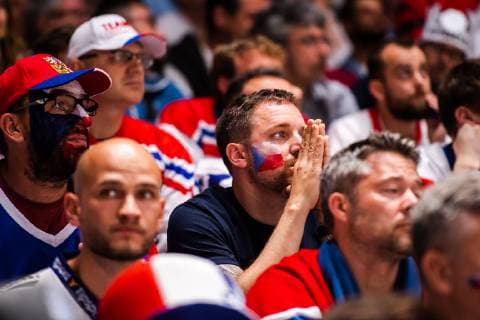 190525 Supporters of Czech Republic look dejected during the 2019 IIHF Ice hockey, Eishockey World Championship, WM, Weltmeisterschaft semifinal game between Canada and Czech Republic on May 25, 2019 in Bratislava. Photo: Joel Marklund BILDBYRAN kod JM 87960 Copyright: JOELxMARKLUND BB190525JM071