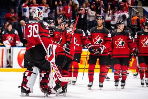 190525 Mathieu Joseph of Canada celebrate with teammates after the 2019 IIHF Ice hockey, Eishockey World Championship, WM, Weltmeisterschaft semifinal game between Canada and Czech Republic on May 25, 2019 in Bratislava. Photo: Joel Marklund BILDBYRAN kod JM 87960 Copyright: JOELxMARKLUND BB190525JM074