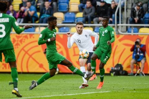 May 25, 2019 - Gdynia, Pomerania, Poland - Amine Gouiri from France seen scoring a goal during FIFA U-20 World Cup match between France and Saudi Arabia (GROUP E) in Gdynia. France Vs Saudi Arabia in Gdynia, Poland - 25 May 2019 - ZUMAs197 20190525_zaa_s197_109 Copyright: xMateuszxSlodkowskix