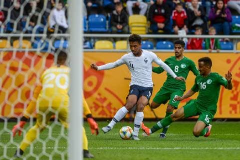May 25, 2019 - Gdynia, Pomerania, Poland - Boubacar Kamara from France (L) Hamed Alghamdi from Saudi Arabia (C) and Hazim Alzahrani from Saudi Arabia (R) are seen in action during FIFA U-20 World Cup match between France and Saudi Arabia (GROUP E) in Gdynia. France Vs Saudi Arabia in Gdynia, Poland - 25 May 2019 - ZUMAs197 20190525_zaa_s197_085 Copyright: xMateuszxSlodkowskix