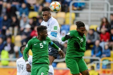 May 25, 2019 - Gdynia, Pomerania, Poland - Hassan Altambakti from Saudi Arabia (L) Dan Zagadou from France (C) and Feras Albrikan from Saudi Arabia (R) are seen in action during FIFA U-20 World Cup match between France and Saudi Arabia (GROUP E) in Gdynia. France Vs Saudi Arabia in Gdynia, Poland - 25 May 2019 - ZUMAs197 20190525_zaa_s197_114 Copyright: xMateuszxSlodkowskix
