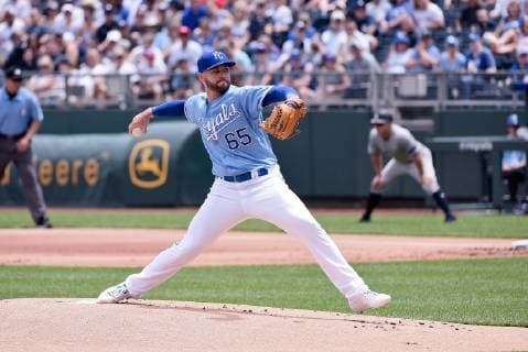 May 25, 2019: Kansas City Royals starting pitcher Jakob Junis (65) throws a pitch during the first game of a double header in the American League game between the New York Yankees and the Kansas City Royals held at Kaufmann Stadium in Kansas City, MO CSM MLB, Baseball Herren, USA 2019: Yankees vs Royals May 25 - ZUMAc04_ 20190525_zaf_c04_030 Copyright: xRichardxUlreichx