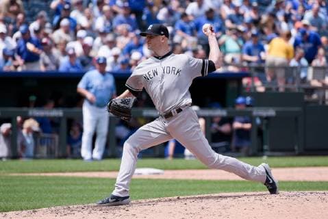 May 25, 2019: New York Yankees pitcher J.A. Happ (34) throws a pitch during the first game of a double header in the American League game between the New York Yankees and the Kansas City Royals held at Kaufmann Stadium in Kansas City, MO CSM MLB, Baseball Herren, USA 2019: Yankees vs Royals May 25 - ZUMAc04_ 20190525_zaf_c04_051 Copyright: xRichardxUlreichx