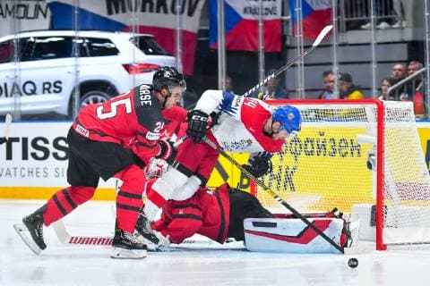 (190526) -- BRATISLAVA, May 26, 2019 -- Darnell Nurse (L front) of Canada tackles Radek Faksa (R front) of the Czech Republic during the 2019 IIHF Ice hockey, Eishockey World Championship, WM, Weltmeisterschaft Slovakia semi final game between Canada and the Czech Republic at Ondrej Nepela Arena on May 25, 2019 in Bratislava, Slovakia. Canada won 5-1. ) (SP)SLOVAKIA-BRATISLAVA-ICE HOCKEY-IIHF-WORLD CHAMPIONSHIP-SEMIFINAL-CAN VS CZE PawelxAndrachiewicz 