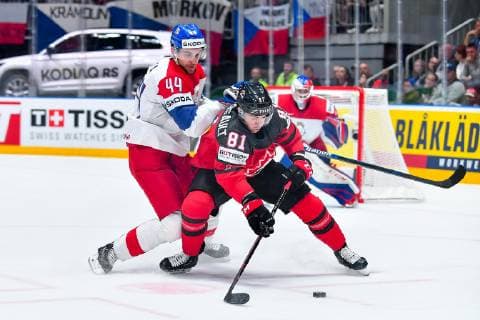 (190526) -- BRATISLAVA, May 26, 2019 -- Jan Rutta (L front) of the Czech Republic tackles Jonathan Marchessault of Canada during the 2019 IIHF Ice hockey, Eishockey World Championship, WM, Weltmeisterschaft Slovakia semi final game between Canada and the Czech Republic at Ondrej Nepela Arena on May 25, 2019 in Bratislava, Slovakia. Canada won 5-1. ) (SP)SLOVAKIA-BRATISLAVA-ICE HOCKEY-IIHF-WORLD CHAMPIONSHIP-SEMIFINAL-CAN VS CZE PawelxAndrachiewicz 