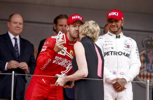 Motorsports: FIA Formula One World Championship, WM, Weltmeisterschaft 2019, Grand Prix of Monaco, 5 Sebastian Vettel (GER, Scuderia Ferrari Mission Winnow), Princess Charlene of Monaco, 44 Lewis Hamilton (GBR, Mercedes AMG Petronas Motorsport), Monte Carlo Monaco