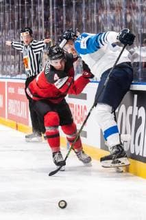 190526 Dante Fabbro of Canada and Marko Anttila of Finland during the 2019 IIHF Ice hockey, Eishockey World Championship, WM, Weltmeisterschaft gold medal game between Canada and Finland on May 26, 2019 in Bratislava. Photo: Joel Marklund BILDBYRAN kod JM 87962 Copyright: JOELxMARKLUND BB190526JM053