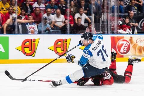 190526 Jere Sallinen of Finland and Thomas Chabot of Canada during the 2019 IIHF Ice hockey, Eishockey World Championship, WM, Weltmeisterschaft gold medal game between Canada and Finland on May 26, 2019 in Bratislava. Photo: Joel Marklund BILDBYRAN kod JM 87962 Copyright: JOELxMARKLUND BB190526JM054