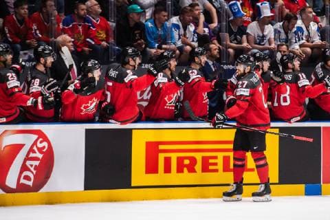 190526 Shea Theodore of Canada celebrate with teammates after 1-0 during the 2019 IIHF Ice hockey, Eishockey World Championship, WM, Weltmeisterschaft gold medal game between Canada and Finland on May 26, 2019 in Bratislava. Photo: Joel Marklund BILDBYRAN kod JM 87962 Copyright: JOELxMARKLUND BB190526JM062