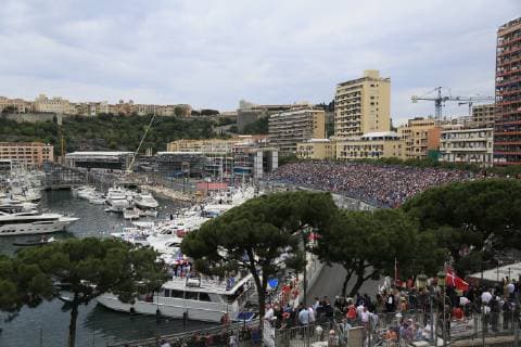 Blick von der Avenue d Ostende auf den Port Hercule und die Rennstrecke, Formel 1 Grand Prix, Fürstentum Monaco, Cote dÂ Azur Mittelmeer