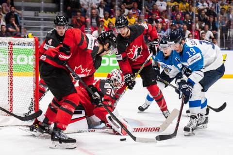 190526 Dante Fabbro, Adam Henrique, goaltender Matt Murray and Damon Severson of Canada against Harri Pesonen and Veli-Matti Savinainen of Finland during the 2019 IIHF Ice hockey, Eishockey World Championship, WM, Weltmeisterschaft gold medal game between Canada and Finland on May 26, 2019 in Bratislava. Photo: Joel Marklund BILDBYRAN kod JM 87962 Copyright: JOELxMARKLUND BB190526JM065