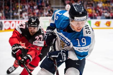 190526 Shea Theodore of Canada and Veli-Matti Savinainen of Finland during the 2019 IIHF Ice hockey, Eishockey World Championship, WM, Weltmeisterschaft gold medal game between Canada and Finland on May 26, 2019 in Bratislava. Photo: Joel Marklund BILDBYRAN kod JM 87962 Copyright: JOELxMARKLUND BB190526JM066