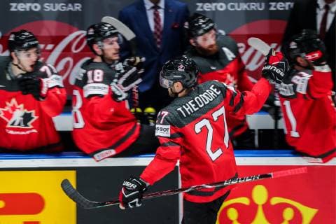 BRATISLAVA, SLOVAKIA - MAY 26, 2019: Canada s Shea Theodore (front) celebrates scoring in the 2019 IIHF Ice hockey, Eishockey World Championship, WM, Weltmeisterschaft Gold medal match against Finland at Ondrej Nepela Arena. Alexander Demianchuk TASS  TS0ACE15