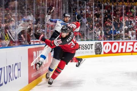190526 Jani Hakanpää of Finland and Anthony Mantha of Canada during the 2019 IIHF Ice hockey, Eishockey World Championship, WM, Weltmeisterschaft gold medal game between Canada and Finland on May 26, 2019 in Bratislava. Photo: Joel Marklund BILDBYRAN kod JM 87962 Copyright: JOELxMARKLUND BB190526JM074