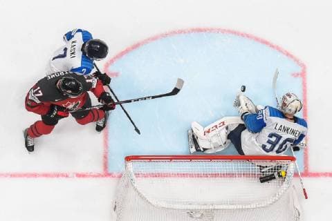 190526 Dylan Strome of Canada against Oliwer Kaski and goaltender Kevin Lankinen of Finland during the 2019 IIHF Ice hockey, Eishockey World Championship, WM, Weltmeisterschaft gold medal game between Canada and Finland on May 26, 2019 in Bratislava. Photo: Joel Marklund BILDBYRAN kod JM 87962 Copyright: JOELxMARKLUND BB190526JM078