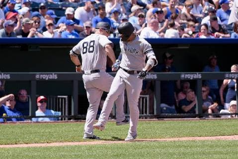 May 26, 2019: New York Yankees shortstop Gleyber Torres (25) celebrates his home run with New York Yankees third base coach Phil Nevin during an American League game between the New York Yankees and the Kansas City Royals held at Kaufmann Stadium in Kansas City, MO CSM MLB, Baseball Herren, USA 2019: Yankees vs Royals May 26 - ZUMAc04_ 20190526_zaf_c04_237 Copyright: xRichardxUlreichx