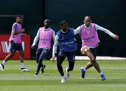28th May 2019, Melwood Training Ground, West Derby, Liverpool, England; Liverpool FC training and press conference, PK, Pressekonferenz before their UEFA Champions League final versus Tottenham Hotspur on June 1st; Georginio Wijnaldum and Fabinho of Liverpool during today s open training session at the club s Melwood training ground  ActionPlus12138961 AlanxMartin