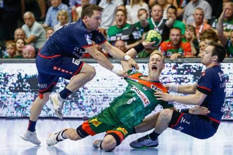 29.05.2019, xtgx, Handball DKB Bundesliga, SC Magdeburg - SG Bietigheim emspor, v.l. jan asmuth (bietigheim), Matthias Musche (Magdeburg, 6), dominik claus (bietigheim) Zweikampf, Duell, Kampf, tackle GETEC Arena