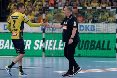 v.li.: Andre Schmid (Andy Schmid, RNL, 2) und Nikolaj Jacobsen (Trainer, Cheftrainer, RNL) vor dem Spiel, 29.05.2019, Mannheim, Handball, DKB Bundesliga, Rhein-Neckar Löwen - TSG Ludwigshafen-Friesenheim (Die Eulen)