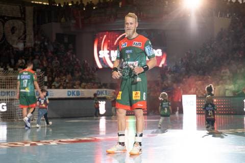 Matthias Musche (Nr. 6 SC Magdeburg) mit Vereins- und Ligatorschuetzenpokal SC Magdeburg vs SG BBM Bietigheim SC Magdeburg vs SG BBM Bietigheim, Handball, DKB Handball Bundesliga, Saison 2018 2019, 29.05.2019 Magdeburg Copyright: xDanielxReinelt xEibner-Pressefotox EP_drt