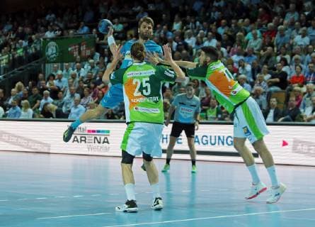 29.05.2019, xovx, Handball HBL, HSG Wetzlar - TVB Stuttgart emspor, v.l. Michael Schweikardt (TBV Stuttgart), Olle Forsell Schefvert (HSG Wetzlar), Stefan Cavor (HSG Wetzlar), Aktion . (DFL DFB REGULATIONS PROHIBIT ANY USE OF PHOTOGRAPHS as IMAGE SEQUENCES and or QUASI-VIDEO) Wetzlar