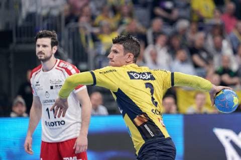 v.li.: Jonathan Scholz (Die Eulen, 11), Andre Schmid (Andy Schmid, RNL, 2), Siebenmeter, 7-Meter, Strafwurf, Spielszene, Action, Aktion, 29.05.2019, Mannheim, Handball, DKB Bundesliga, Rhein-Neckar Löwen - TSG Ludwigshafen-Friesenheim (Die Eulen)