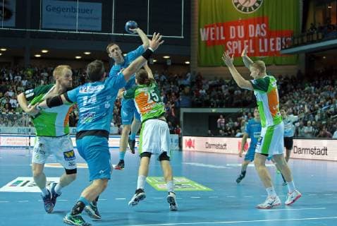29.05.2019, xovx, Handball HBL, HSG Wetzlar - TVB Stuttgart emspor, v.l. Stefan Kneer (HSG Wetzlar), Simon Baumgarten (TBV Stuttgart), Max Haefner (TBV Stuttgart), Olle Forsell Schefvert (HSG Wetzlar), Anton Lindskog (HSG Wetzlar), Aktion . (DFL DFB REGULATIONS PROHIBIT ANY USE OF PHOTOGRAPHS as IMAGE SEQUENCES and or QUASI-VIDEO) Wetzlar