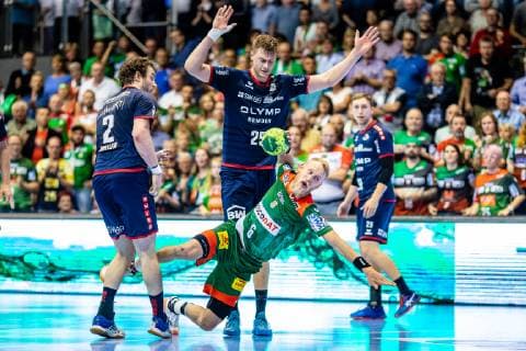 Matthias Musche 6 (SC Magdeburg), Maximillian Trost 25 (SG BBM Bietigheim), Robin Haller 2 (SG BBM Bietigheim) waehrend der Saison 2018-2019 in der 1. Handball Bundesliga (Herren) zwischen SC Magdeburg und SG BBM Bietigheim in der GETEC Arena am 29. May 2019 in Magdeburg, Sachsen Anhalt, Deutschland