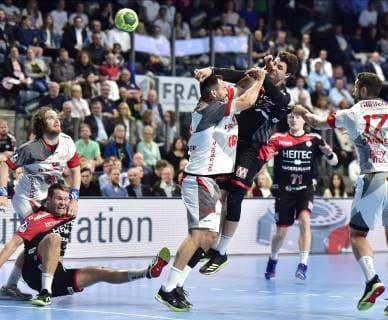 29.05.2019 - Handball - 1. Bundesliga DKB HBL - Saison 2018 2019 - 33. Spieltag: HC Erlangen Metropolregion Nürnberg HCE - MT Melsungen - OGo - Petter Overby ( 9, HC Erlangen HCE ) Philipp Müller Mueller (18, MT Melsungen ) Benedikt Kellner (17, HC Erlangen HCE )