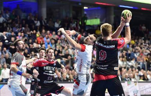 29.05.2019 - Handball - 1. Bundesliga DKB HBL - Saison 2018 2019 - 33. Spieltag: HC Erlangen Metropolregion Nürnberg HCE - MT Melsungen - OGo - Michael Haaß Haass (13, HC Erlangen HCE ) Marino Maric (3, MT Melsungen ) Petter Overby ( 9, HC Erlangen HCE )