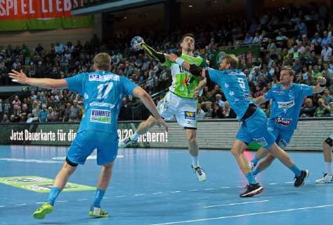 29.05.2019, xovx, Handball HBL, HSG Wetzlar - TVB Stuttgart emspor, v.l. Samuel Roethlisberger (TBV Stuttgart), Alexander Hermann (HSG Wetzlar), Michael Schweikardt (TBV Stuttgart), David Schmidt (TBV Stuttgart), Aktion . (DFL DFB REGULATIONS PROHIBIT ANY USE OF PHOTOGRAPHS as IMAGE SEQUENCES and or QUASI-VIDEO) Wetzlar