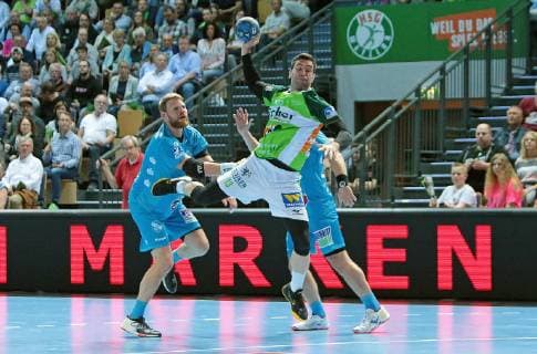 29.05.2019, xovx, Handball HBL, HSG Wetzlar - TVB Stuttgart emspor, v.l. Michael Schweikardt (TBV Stuttgart), Filip Mirkulovski (HSG Wetzlar), David Schmidt (TBV Stuttgart), Aktion . (DFL DFB REGULATIONS PROHIBIT ANY USE OF PHOTOGRAPHS as IMAGE SEQUENCES and or QUASI-VIDEO) Wetzlar